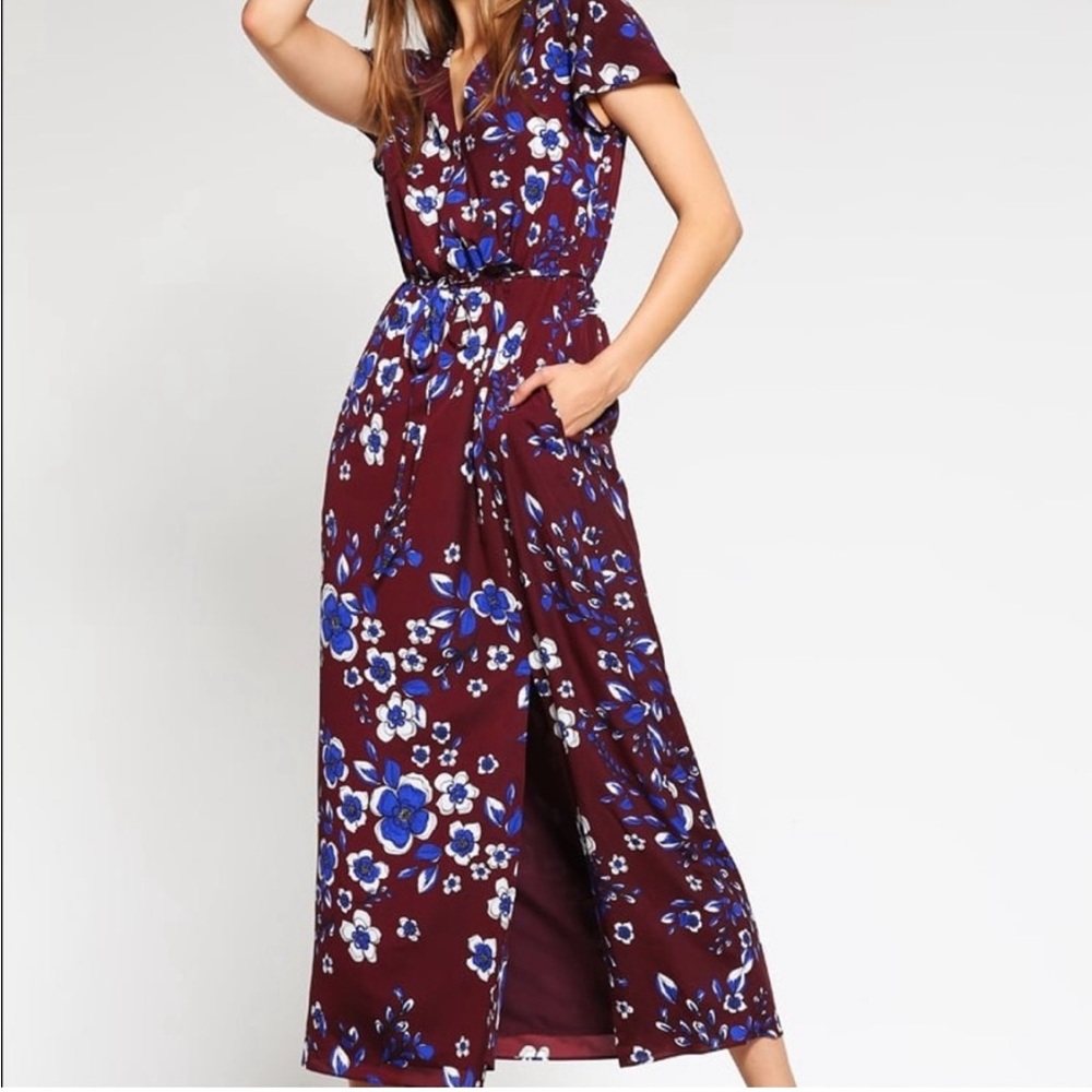 Banana Republic Burgandy Blue Floral Faux Wrap V-Neck Maxi Dress Size S - Picture 6 of 10